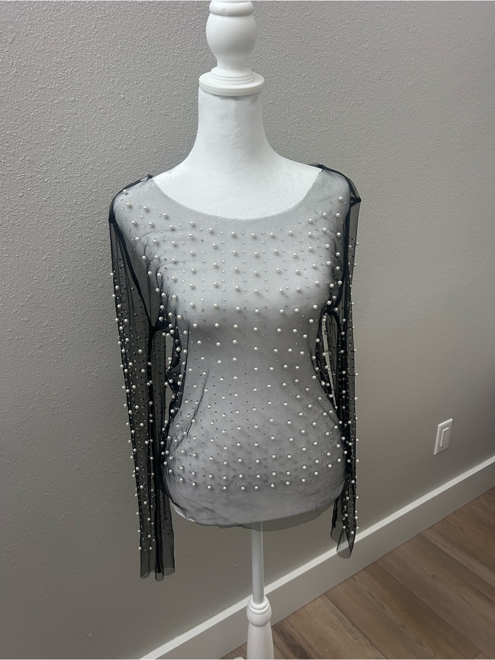 Sheer Pearl-Embellished Black Long-Sleeve Top